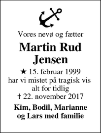 Dødsannoncen for Martin Rud Jensen - Thyborøn