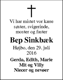 Dødsannoncen for Bep Sinkbæk - Lemvig