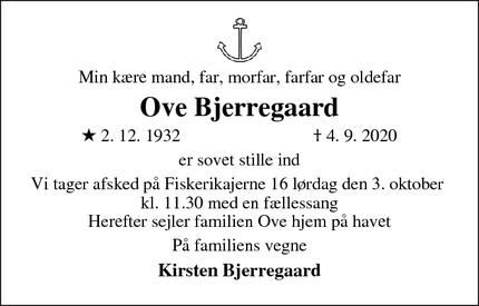 Dødsannoncen for Ove Bjerregaard
 - Grenaa