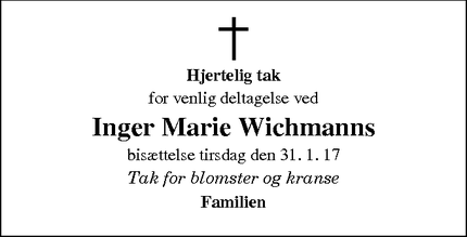 Taksigelsen for Inger Marie Wichmanns - Hornbæk