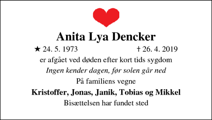 Dødsannoncen for Anita Lya Dencker - Tikøb