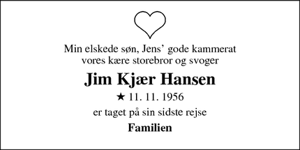 Dødsannoncen for Jim Kjær Hansen - Frederiksværk