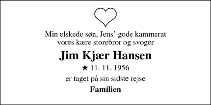 Dødsannoncen for Jim Kjær Hansen - Frederiksværk