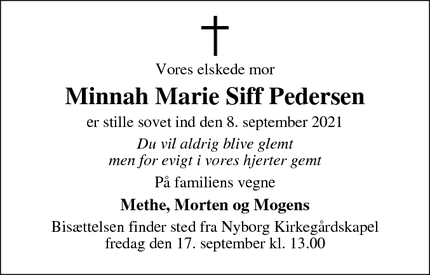Dødsannoncen for Minnah Marie Siff Pedersen - Nyborg