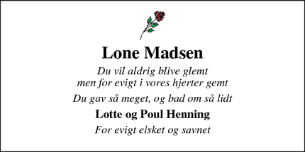 Dødsannoncen for Lone Madsen - Ullerslev