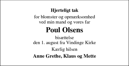 Dødsannoncen for Poul Olsens - Vindinge