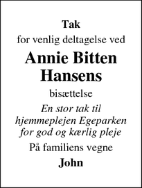 Taksigelsen for Annie Bitten
Hansen - 5800 Nyborg