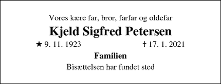 Dødsannoncen for Kjeld Sigfred Petersen - Taastrup