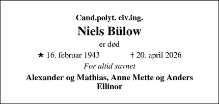 Dødsannoncen for Niels B&uuml;low - 2630 Taastrup
