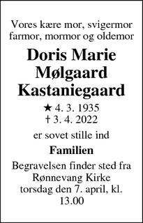 Dødsannoncen for Doris Marie
Mølgaard
Kastaniegaard - Taastrup