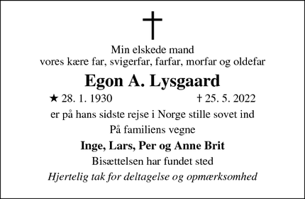 Dødsannoncen for Egon A. Lysgaard - Taastrup