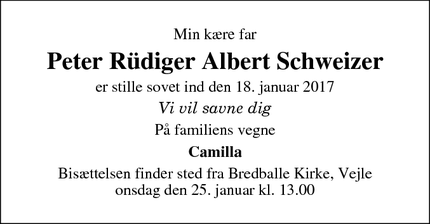 Dødsannoncen for Peter Rüdiger Albert Schweizer - Taastrup