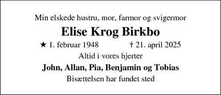 Dødsannoncen for Elise Krog Birkbo - Taastrup