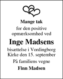 Dødsannoncen for Inge Madsens - 4760Vordingborg