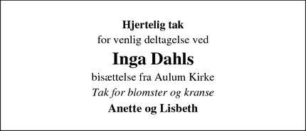 Taksigelsen for Inga Dahls - Ulfborg