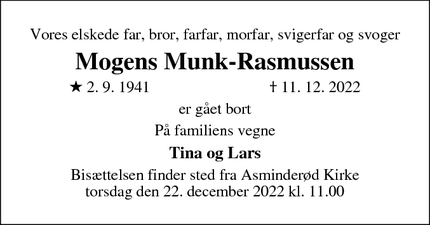 Dødsannoncen for Mogens Munk-Rasmussen - Fredensborg