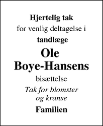 Dødsannoncen for Ole 
Boye-Hansens - Ringsted