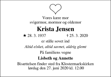 Dødsannoncen for Krista Jensen - Ringsted
