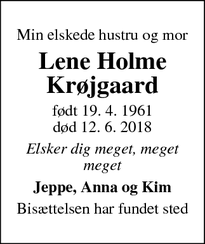 Dødsannoncen for Lene Holme Krøjgaard - Ringsted