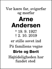 Dødsannoncen for Arne Andersen - Væggerløse
