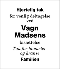 Dødsannoncen for Vagn Madsens - Staureby