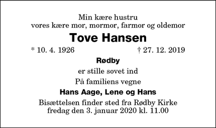 Dødsannoncen for Tove Hansen - Nykøbing F