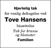 Taksigelsen for Tove Hansens - Rødby