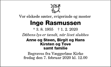 Dødsannoncen for Inge Rasmussen - Væggerløse