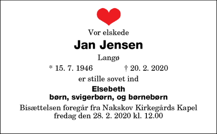 Dødsannoncen for Jan Jensen - Nakskov