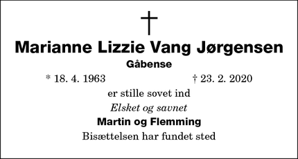 Dødsannoncen for Marianne Lizzie Vang Jørgensen - nørre alslev