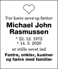 Dødsannoncen for Michael John
Rasmussen - Nyk.  F. 