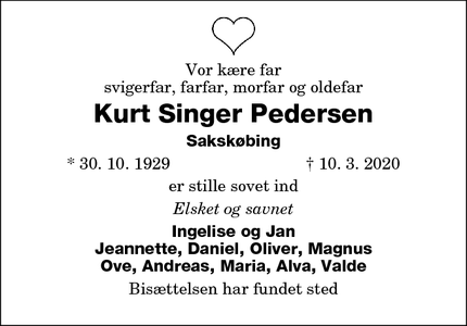 Dødsannoncen for Kurt Singer Pedersen - Sakskøbing