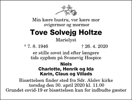 Dødsannoncen for Tove Solvejg Holtze - Væggerløse