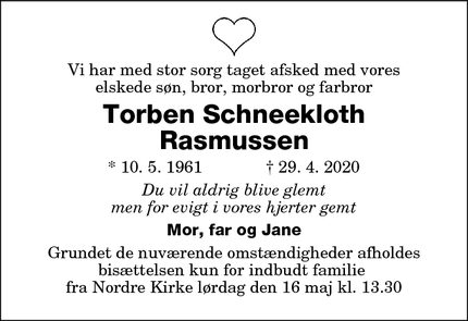 Dødsannoncen for Torben Schneekloth
Rasmussen - Nykøbing.F