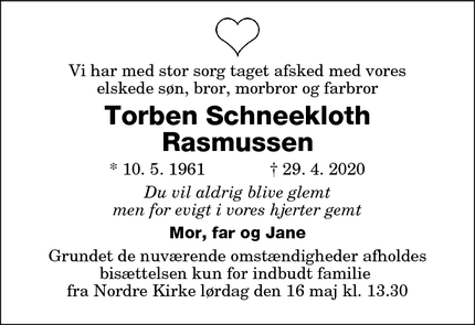 Dødsannoncen for Torben Schneekloth
Rasmussen - Nykøbing.F