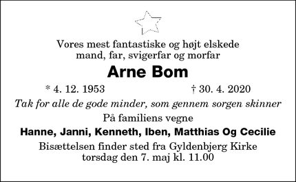 Dødsannoncen for Arne Bom - 4840 Nørre Alslev