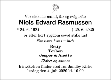 Dødsannoncen for Niels Edvard Rasmussen - Svendborg