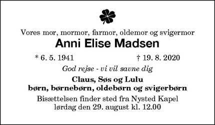 Dødsannoncen for Anni Elise Madsen - Hvidovre