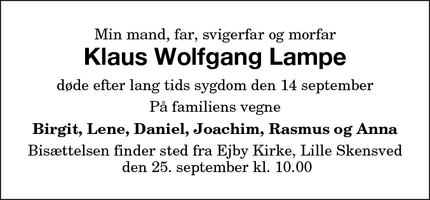 Dødsannoncen for Klaus Wolfgang Lampe   - Rødby