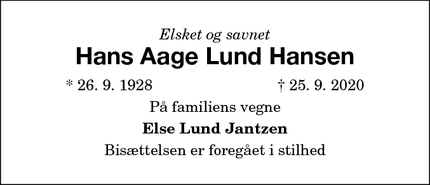 Dødsannoncen for Hans Aage Lund Hansen - Maribo