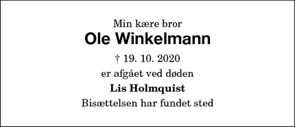 Dødsannoncen for Ole Winkelmann - Nykøbing F. 