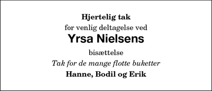 Taksigelsen for Yrsa Nielsens - Nykøbing Falster