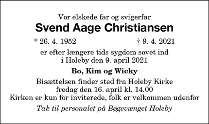 Dødsannoncen for Svend Aage Christiansen  - Holeby 