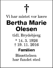 Dødsannoncen for Bertha Marie Olesen - Sakskøbing
