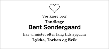 Dødsannoncen for Bent Søndergaard - Køge