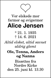 Dødsannoncen for Alice Jensen - Nykøbing Falster