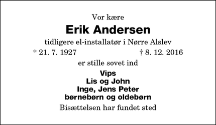Dødsannoncen for Erik Andersen - Nørre Alslev