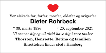 Dødsannoncen for Dieter Rohrbeck - Nykøbing F