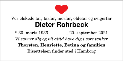 Dødsannoncen for Dieter Rohrbeck - Nykøbing F