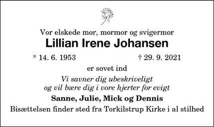 Dødsannoncen for Lillian Irene Johansen - Sakskøbing